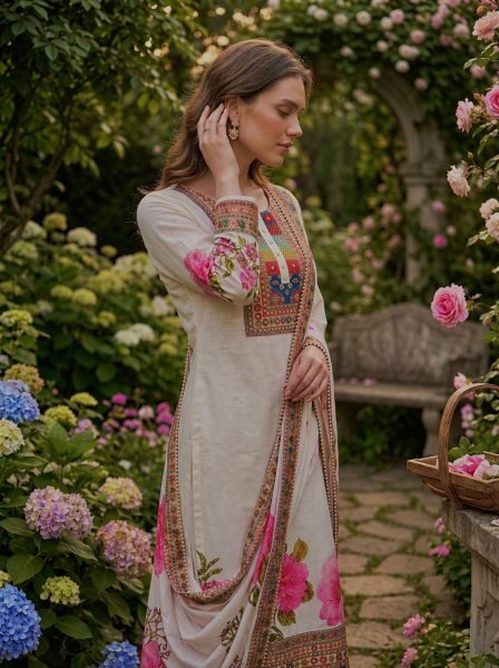 Workday Style Muslin Cotton digital Combined with real mirror print Kurti Set And Lace Border Dupatta Ready To Wear Collection