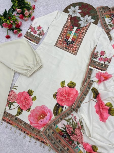 Workday Style Muslin Cotton digital Combined with real mirror print Kurti Set And Lace Border Dupatta Ready To Wear Collection