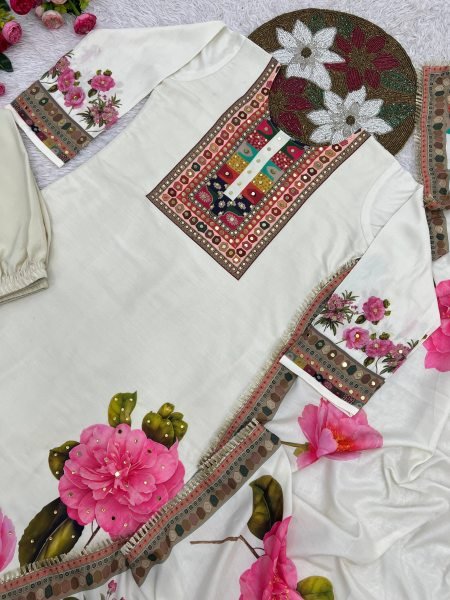 Workday Style Muslin Cotton digital Combined with real mirror print Kurti Set And Lace Border Dupatta Ready To Wear Collection