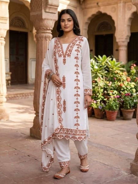 Workwear Embroidered Cotton Thread Work Fancy V Neck Kurti Pant Collection With Dupatta 