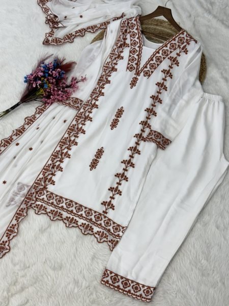 Workwear Embroidered Cotton Thread Work Fancy V Neck Kurti Pant Collection With Dupatta Ready To Wear Collection