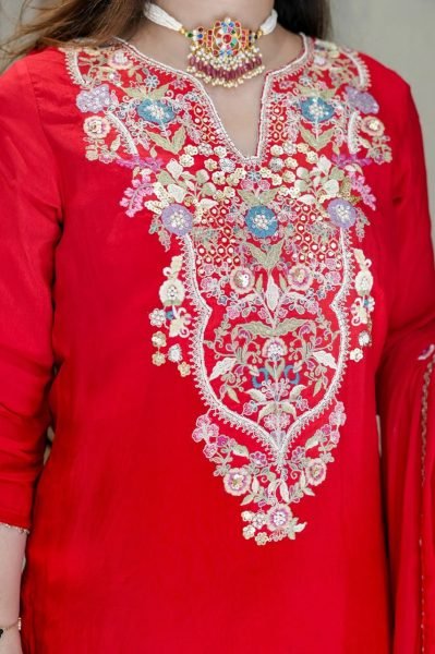 Xavira Red Viscose Shimmer Embroidered Suit Set with Organza Dupatta Embroidery Kurtis 
