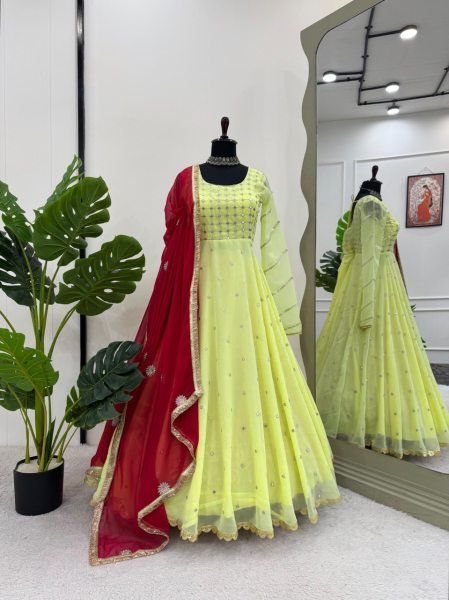 Yellow Anarkali Ready to Wear Set Georgette with Sequins   Thread Work New Collection Ready To Wear Collection