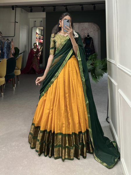 Yellow Art Silk Lehenga with Zari Patterns and Georgette Lace Dupatta  Half Saree Lehenga