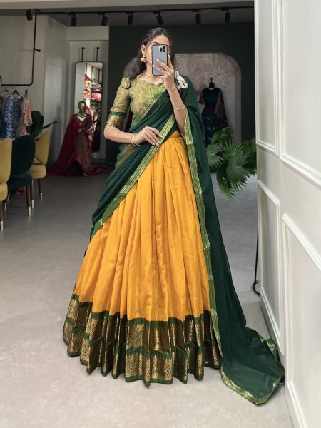 Yellow Art Silk Lehenga with Zari Patterns and Georgette Lace Dupatta  Half Saree Lehenga