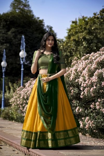Yellow Art Silk Lehenga with Zari Patterns and Georgette Lace Dupatta  Half Saree Lehenga