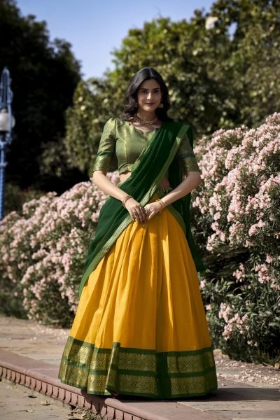 Yellow Art Silk Lehenga with Zari Patterns and Georgette Lace Dupatta  Half Saree Lehenga