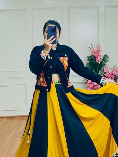 Yellow Black Rayon Ghaghra with Gamthi Work Denim Jacket Vibrant Festive Launch 