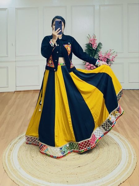 Yellow Black Rayon Ghaghra with Gamthi Work Denim Jacket Vibrant Festive Launch Navratri Collection