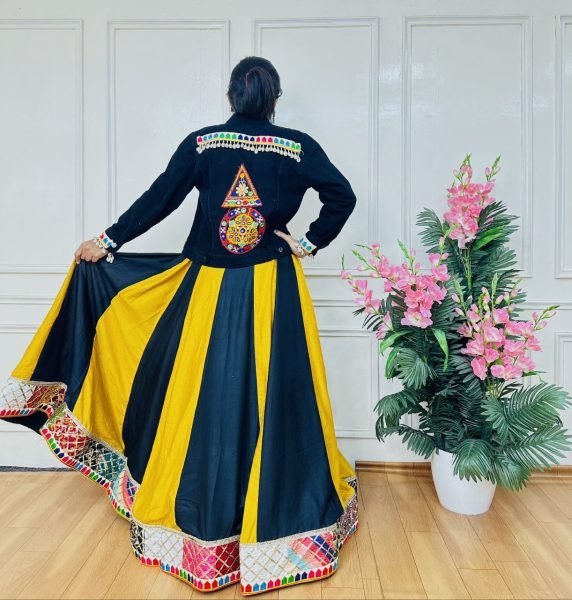 Yellow Black Rayon Ghaghra with Gamthi Work Denim Jacket Vibrant Festive Launch Navratri Collection