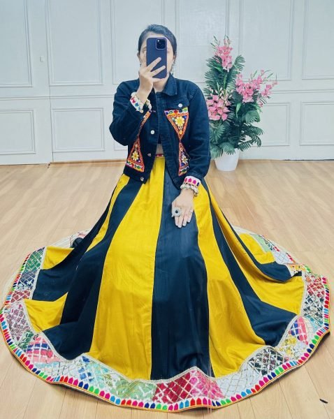 Yellow Black Rayon Ghaghra with Gamthi Work Denim Jacket Vibrant Festive Launch Navratri Collection