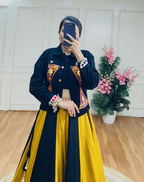 Yellow Black Rayon Ghaghra with Gamthi Work Denim Jacket Vibrant Festive Launch Navratri Collection