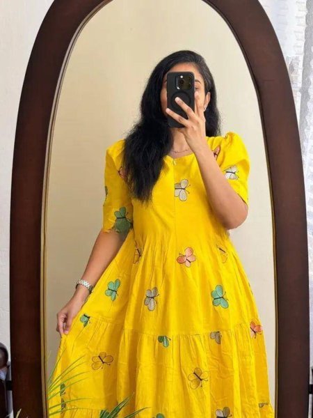 Yellow Butterfly Print Maxi Dress with 3.5-Meter Flare in Maska Cotton – Perfect for Spring Printed Kurtis