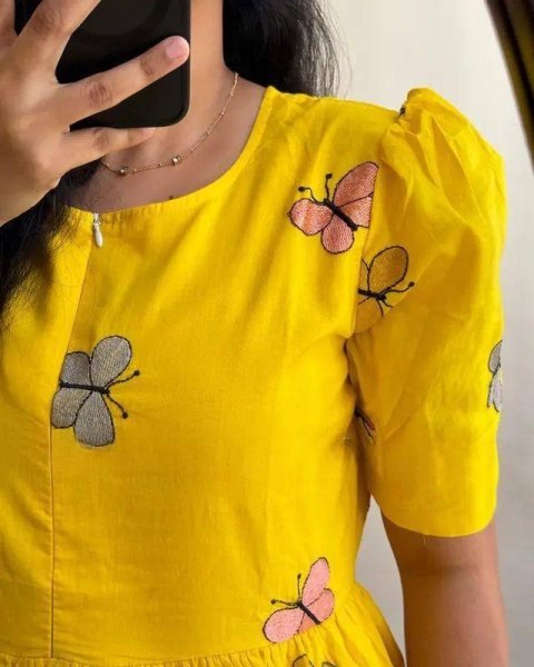 Yellow Butterfly Print Maxi Dress with 3.5-Meter Flare in Maska Cotton – Perfect for Spring Printed Kurtis