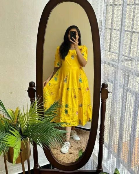 Yellow Butterfly Print Maxi Dress with 3.5-Meter Flare in Maska Cotton – Perfect for Spring Printed Kurtis