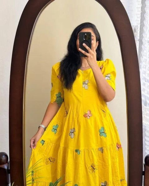 Yellow Butterfly Print Maxi Dress with 3.5-Meter Flare in Maska Cotton – Perfect for Spring Printed Kurtis