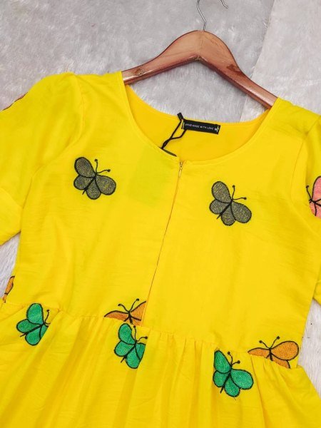 Yellow Butterfly Print Maxi Dress with 3.5-Meter Flare in Maska Cotton – Perfect for Spring Printed Kurtis