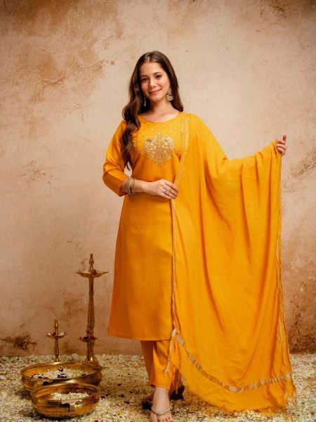 Yellow Chanderi Embroidered Kurti Pant Set with Bhagalpuri Dupatta for Daily Wear 