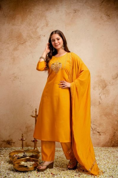 Yellow Chanderi Embroidered Kurti Pant Set with Bhagalpuri Dupatta for Daily Wear  Straight Cut Long Kurtis