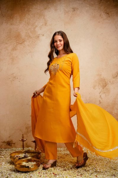 Yellow Chanderi Embroidered Kurti Pant Set with Bhagalpuri Dupatta for Daily Wear  Straight Cut Long Kurtis