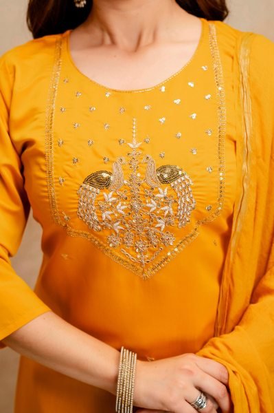 Yellow Chanderi Embroidered Kurti Pant Set with Bhagalpuri Dupatta for Daily Wear  Straight Cut Long Kurtis