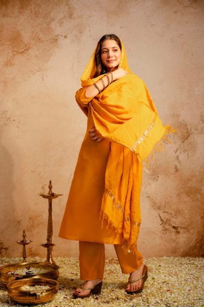 Yellow Chanderi Embroidered Kurti Pant Set with Bhagalpuri Dupatta for Daily Wear  Straight Cut Long Kurtis