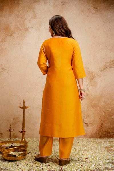 Yellow Chanderi Embroidered Kurti Pant Set with Bhagalpuri Dupatta for Daily Wear  Straight Cut Long Kurtis