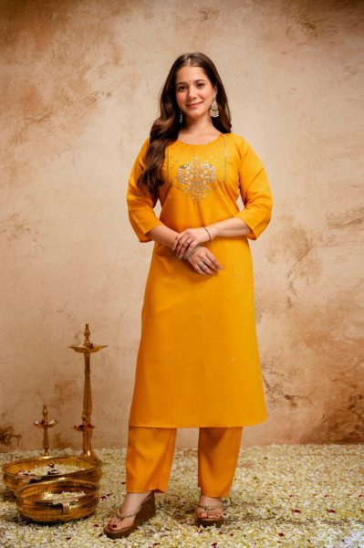 Yellow Chanderi Embroidered Kurti Pant Set with Bhagalpuri Dupatta for Daily Wear  Straight Cut Long Kurtis