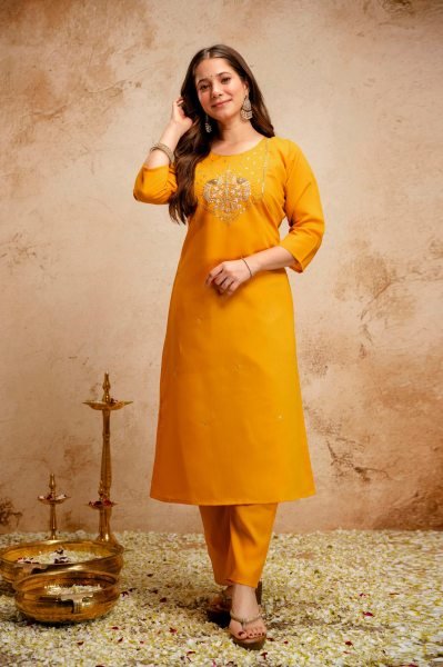 Yellow Chanderi Embroidered Kurti Pant Set with Bhagalpuri Dupatta for Daily Wear  Straight Cut Long Kurtis