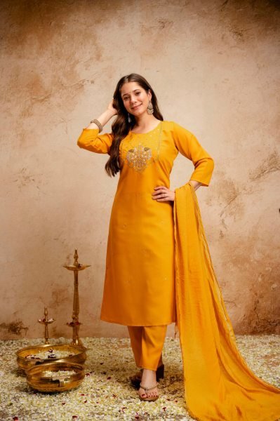 Yellow Chanderi Embroidered Kurti Pant Set with Bhagalpuri Dupatta for Daily Wear  Straight Cut Long Kurtis