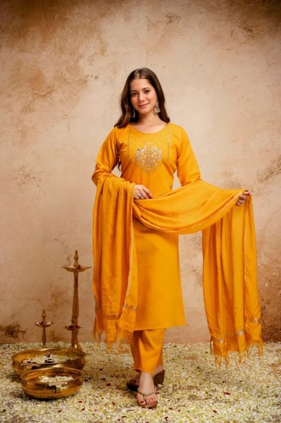 Yellow Chanderi Embroidered Kurti Pant Set with Bhagalpuri Dupatta for Daily Wear  Straight Cut Long Kurtis