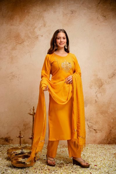 Yellow Chanderi Embroidered Kurti Pant Set with Bhagalpuri Dupatta for Daily Wear  Straight Cut Long Kurtis