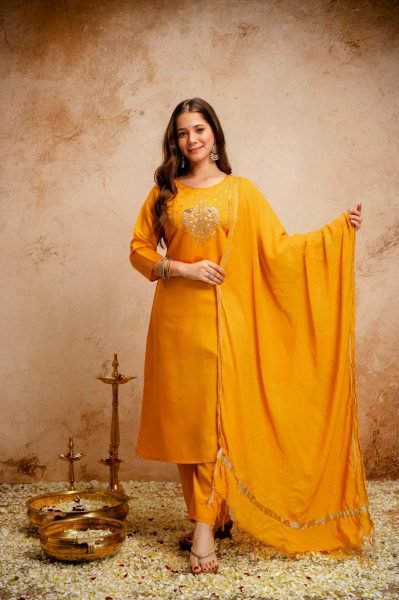 Yellow Chanderi Embroidered Kurti Pant Set with Bhagalpuri Dupatta for Daily Wear  Straight Cut Long Kurtis