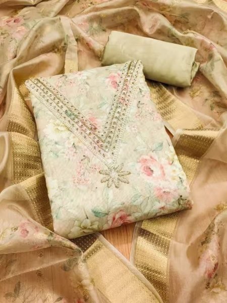 Yellow Chanderi silk unstitched dress material with a shaded floral dupatta   Color Set Matching Dress Material Wholesale