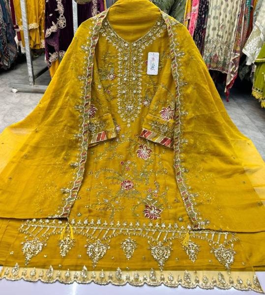Yellow Chiffon Fabric With Embroidery khatli Work Straight Cut Pakistani Salwar Kameez In Best Rate  Pakistani Suits Wholesale