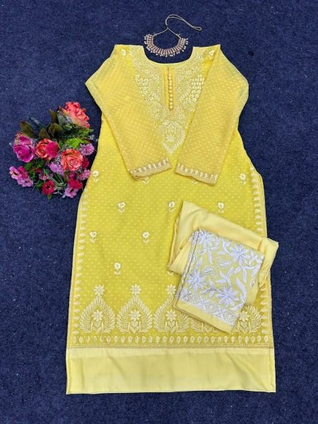 Yellow Chikan Butti Kurti And Pant With Thread Work  Kurti With Bottom Wholesale