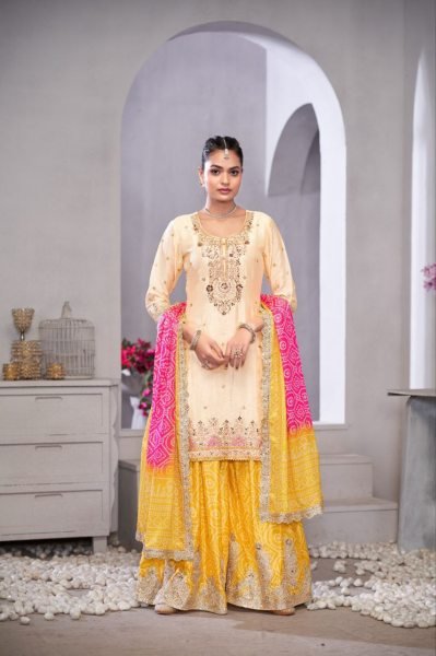 Yellow Chinnon Sharara Suit with Mirror Work Gulzar Suroor Wedding Wear Designer Plazzo Salwar Suits Wholesale