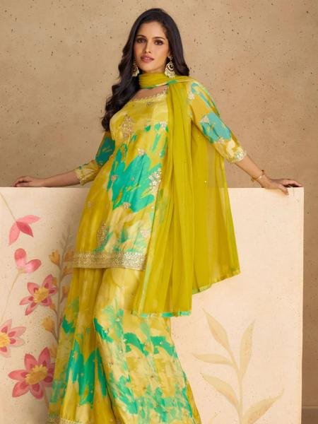 Yellow Chinon Embroidered Palazzo Suit with Multicolor Floral Print Wholesale Printed Salwar Kameez 