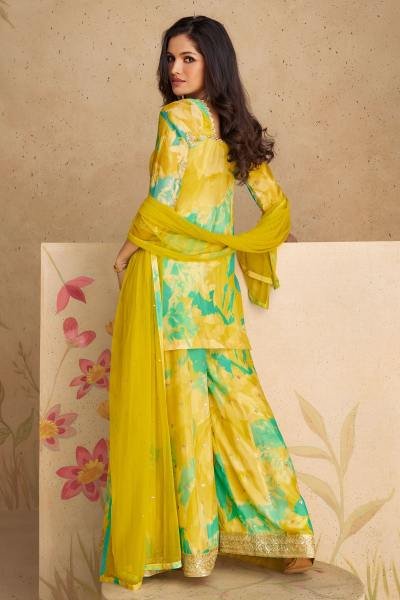 Yellow Chinon Embroidered Palazzo Suit with Multicolor Floral Print Designer Plazzo Salwar Suits Wholesale