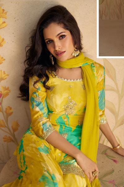 Yellow Chinon Embroidered Palazzo Suit with Multicolor Floral Print Designer Plazzo Salwar Suits Wholesale