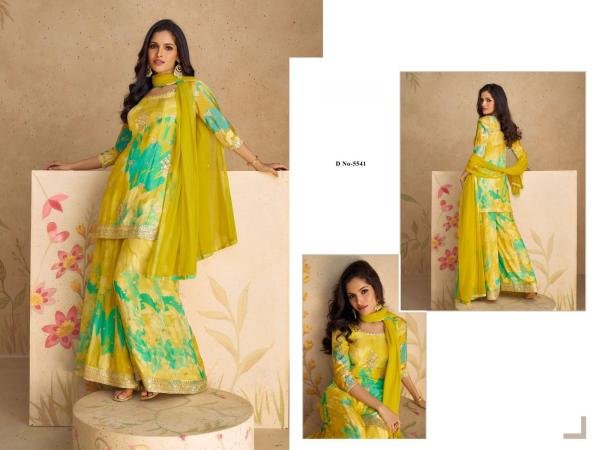 Yellow Chinon Embroidered Palazzo Suit with Multicolor Floral Print Designer Plazzo Salwar Suits Wholesale