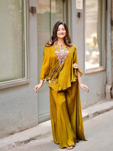 Yellow Chinon Palazzo Dress Trendy Indo Western Festive Wear Ready To Wear Collection