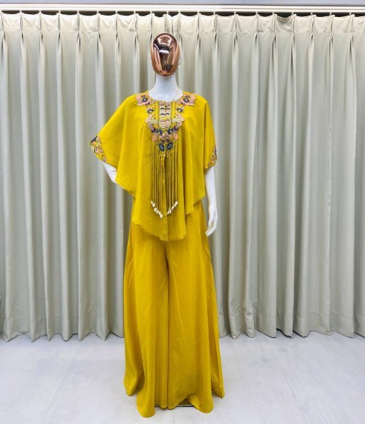Yellow Chinon Palazzo Dress Trendy Indo Western Festive Wear Ready To Wear Collection