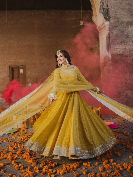 Yellow Chinon Silk Anarkali Gown with Dupatta Haldi and Festive Look Ready To Wear Suit