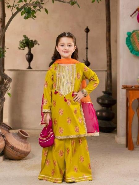 Yellow Chinon Silk Embroidered Sharara Suit for Girls with Dupatta At Wholesale Rates Kurtis