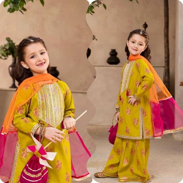 Yellow Chinon Silk Embroidered Sharara Suit for Girls with Dupatta At Wholesale Rates Girls Wear