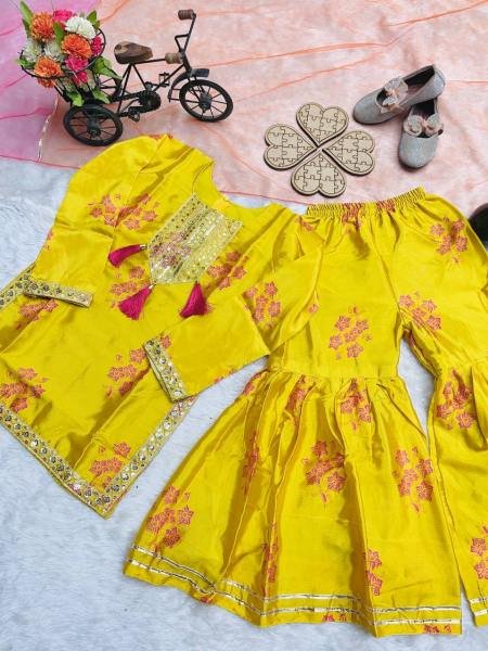 Yellow Chinon Silk Embroidered Sharara Suit for Girls with Dupatta At Wholesale Rates Girls Wear