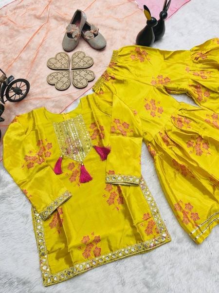 Yellow Chinon Silk Embroidered Sharara Suit for Girls with Dupatta At Wholesale Rates Girls Wear