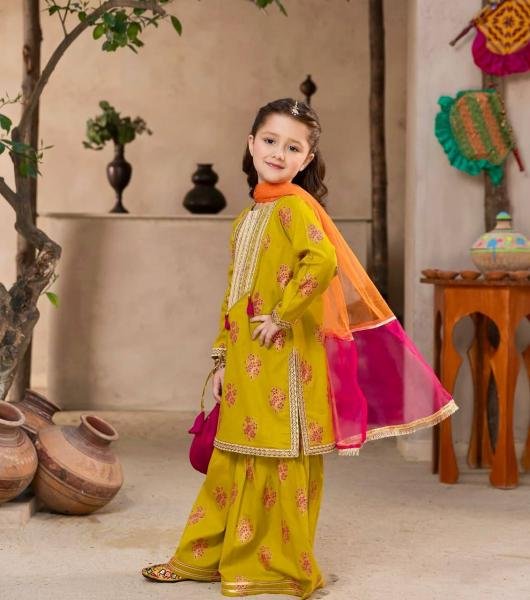 Yellow Chinon Silk Embroidered Sharara Suit for Girls with Dupatta At Wholesale Rates Girls Wear