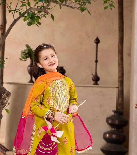 Yellow Chinon Silk Embroidered Sharara Suit for Girls with Dupatta At Wholesale Rates Girls Wear